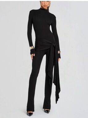 NWOT SER.O.YA Black Ribbed Long-Sleeve Jumpsuit with Scarf - XS